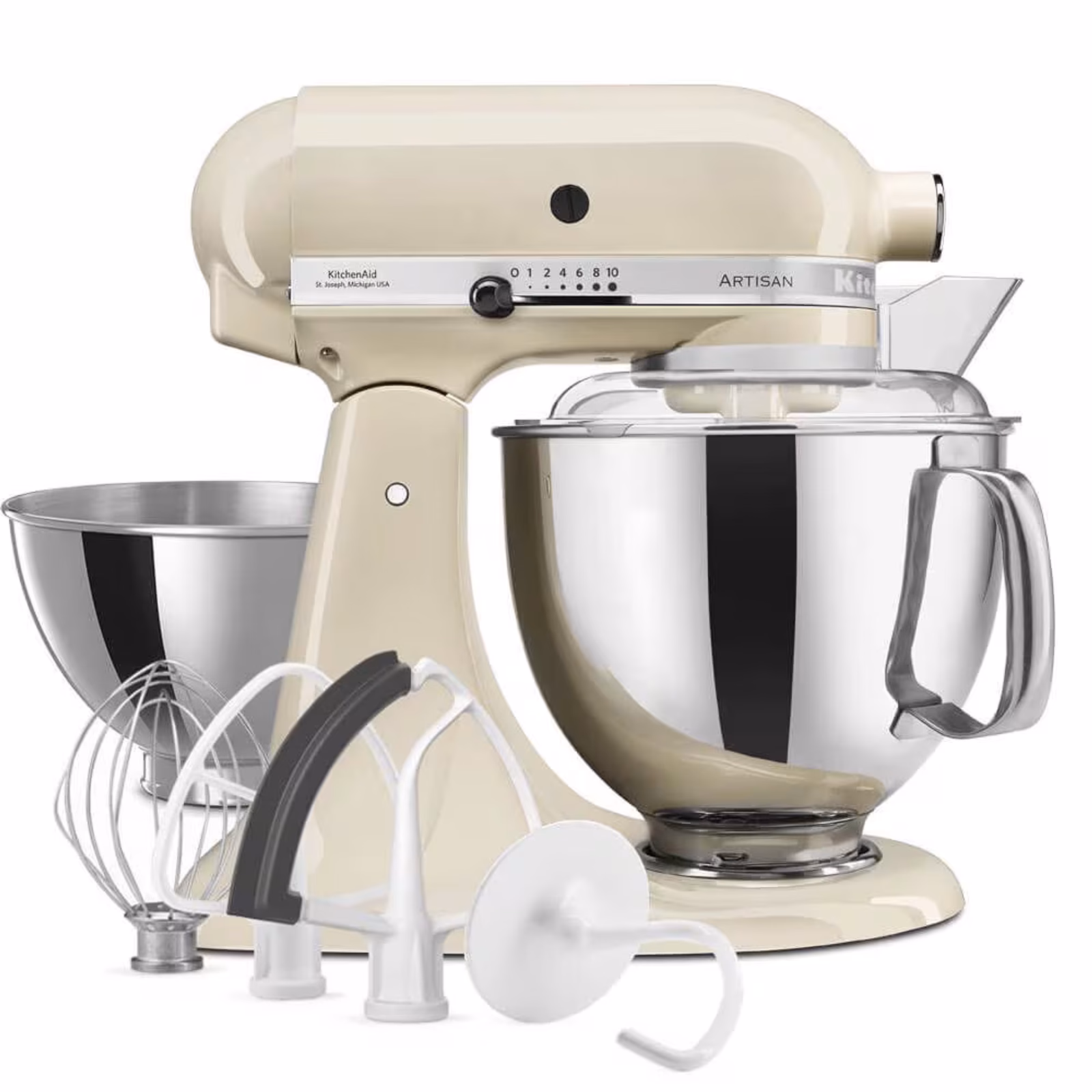 KitchenAid Artisan 5KSM175PS in Crème mit Schüsseln und Rührwerkzeugen